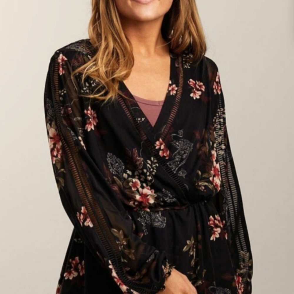 Floral Mesh Surplice Top